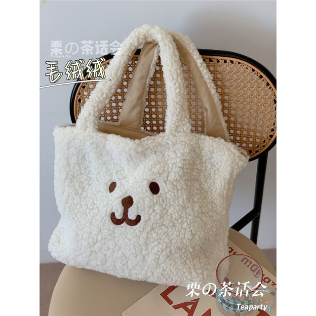 Cartoon Embroidered Fleece Tote Bag