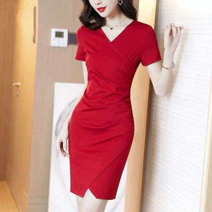 Mini Wrap Bodycon Short-Sleeve Dress V-Neck Plain