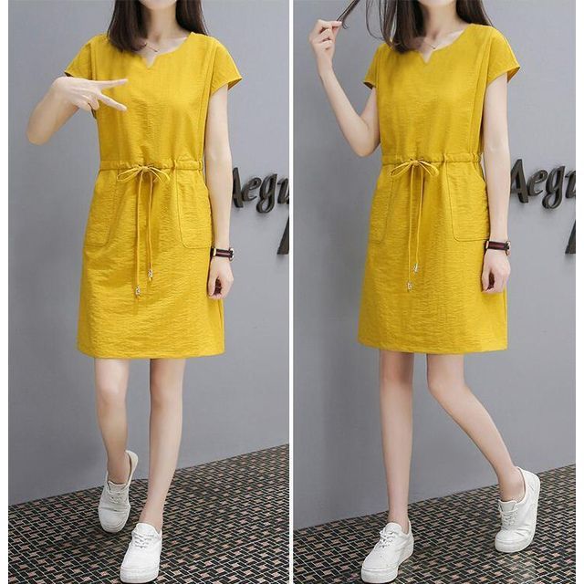 A-Line Short-Sleeve V-Neck Dress Plain Mini Drawstring-Waist