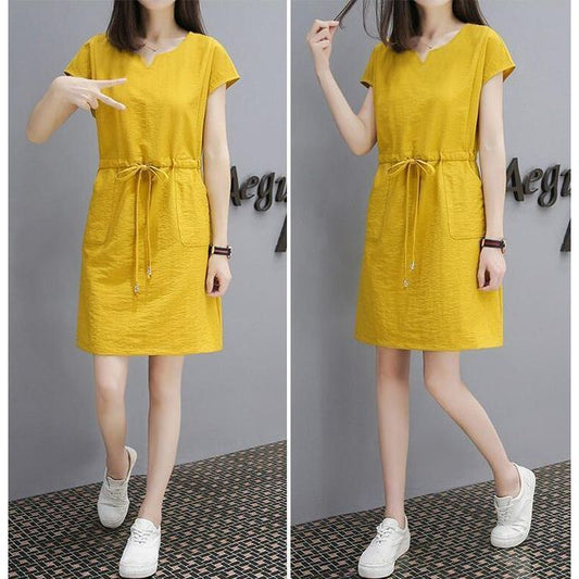 A-Line Short-Sleeve V-Neck Dress Plain Mini Drawstring-Waist