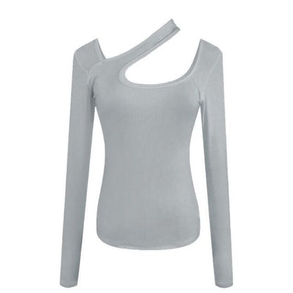 Asymmetrical T-Shirt Neck Cutout Plain Long-Sleeve