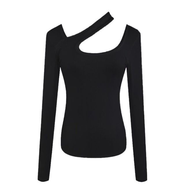 Asymmetrical T-Shirt Neck Cutout Plain Long-Sleeve
