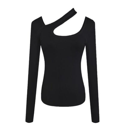 Asymmetrical T-Shirt Neck Cutout Plain Long-Sleeve
