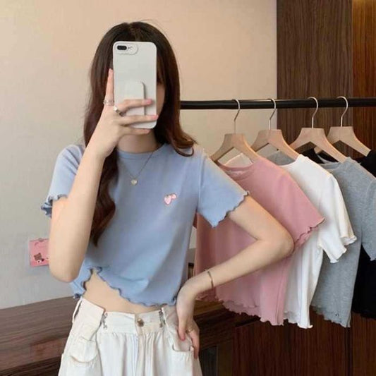 Crop Short-Sleeve Embroidered T-Shirt Crew Neck