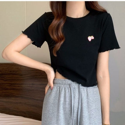 Crop Short-Sleeve Embroidered T-Shirt Crew Neck