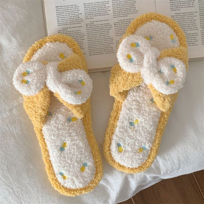 Pineapple Embroidered Fluffy Bow Slippers