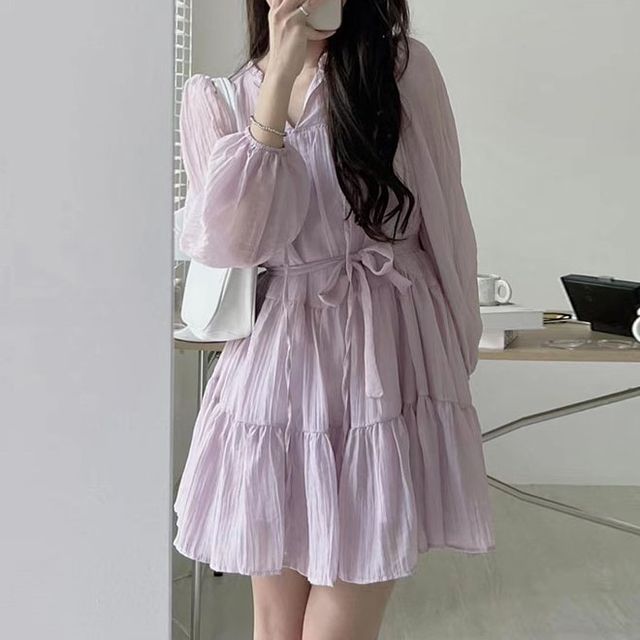 Long-Sleeve Tie-Neck Sashed Plain Mini A-Line Dress