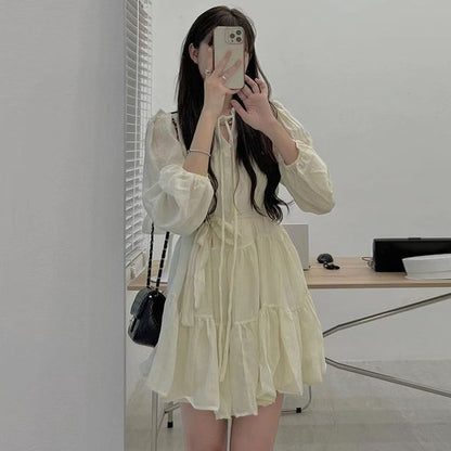 Long-Sleeve Tie-Neck Sashed Plain Mini A-Line Dress