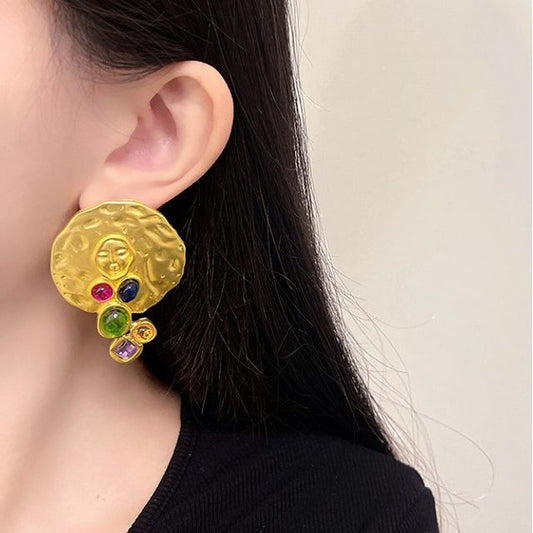Gemstone Stud Disc Faux Earring