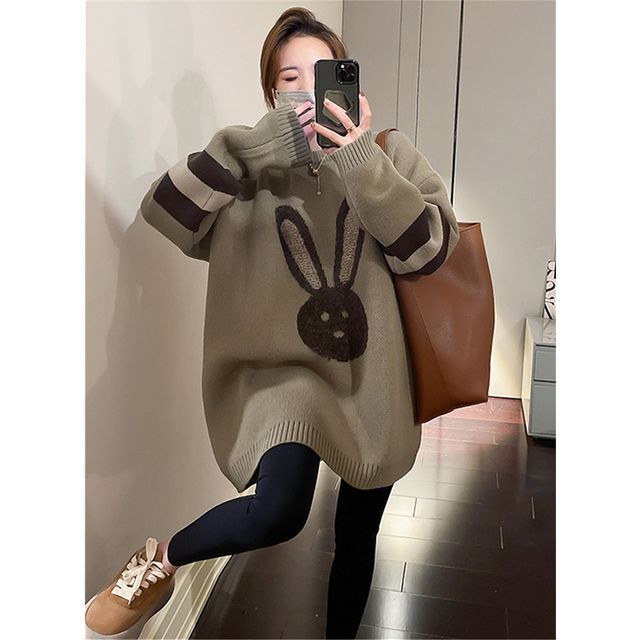 Crew Neck Rabbit Embroidered Sweater