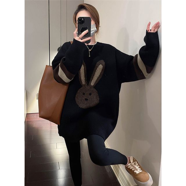 Crew Neck Rabbit Embroidered Sweater