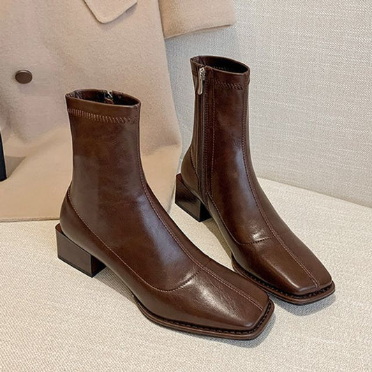 Short Boots Faux Leather Block Heel Square Toe