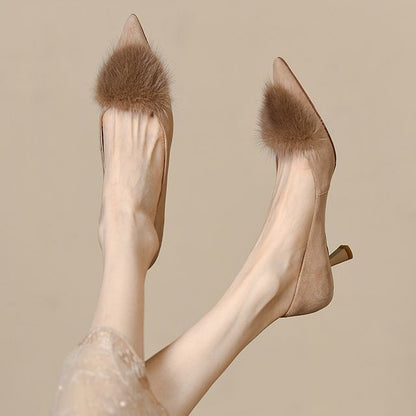 Heel Pom Suede Pumps Pointed Kitten Faux Accent
