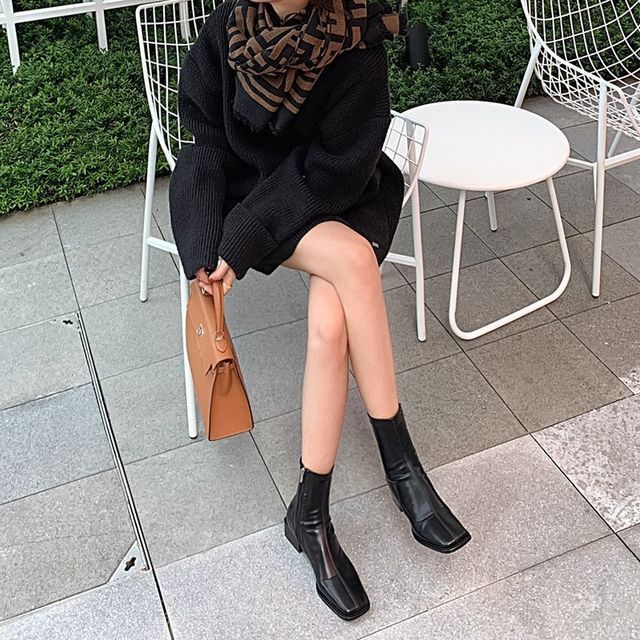 Short Boots Faux Leather Block Heel Square Toe