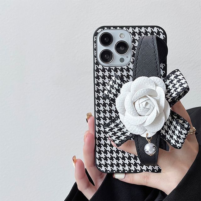 Floral Houndstooth Strap Phone Case - iPhone 14 Pro Max / 14 Pro / 14 Max / 14 / 13 Pro Max / 13 Pro / 13 / 13 mini / 12 Pro Max / 12 Pro / 12 / 12 mini / 11 Pro Max / 11 Pro / 11 / SE / XS Max / XS / XR / X / 8 / 8 Plus / 7 / 7 Plus