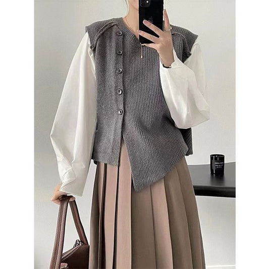 Sweater Neck Button-Up Hem Crew Plain Vest Asymmetrical