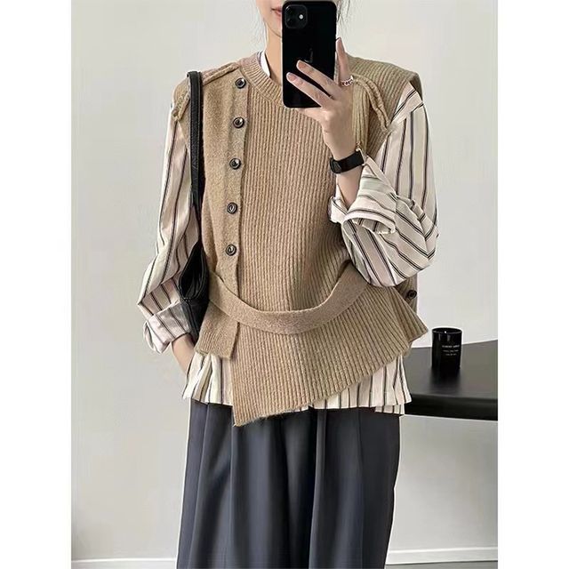 Sweater Neck Button-Up Hem Crew Plain Vest Asymmetrical
