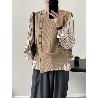 Sweater Neck Button-Up Hem Crew Plain Vest Asymmetrical