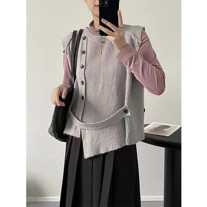 Sweater Neck Button-Up Hem Crew Plain Vest Asymmetrical
