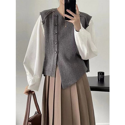 Sweater Neck Button-Up Hem Crew Plain Vest Asymmetrical