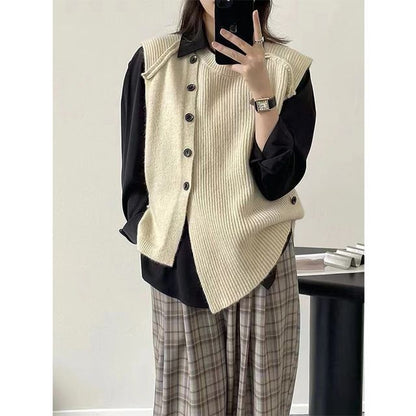 Sweater Neck Button-Up Hem Crew Plain Vest Asymmetrical