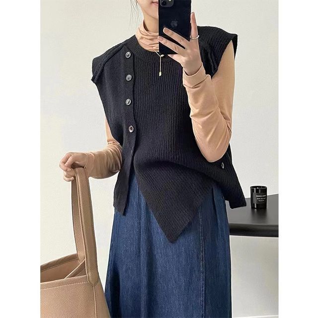 Sweater Neck Button-Up Hem Crew Plain Vest Asymmetrical