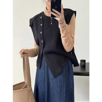 Sweater Neck Button-Up Hem Crew Plain Vest Asymmetrical