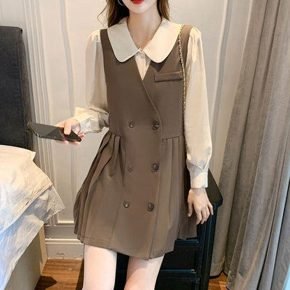 Long-Sleeve Plain Blouse / V-Neck Plain Pleated Double-Breasted A-Line Dungaree Dress