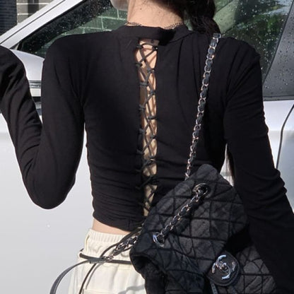 Neck / Plain Drawstring Wide Long-Sleeve Cutout Sweatpants Crop Round Waist Striped Leg Tee