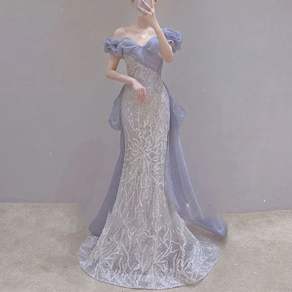 Off Shoulder Trained Mermaid Evening Gown