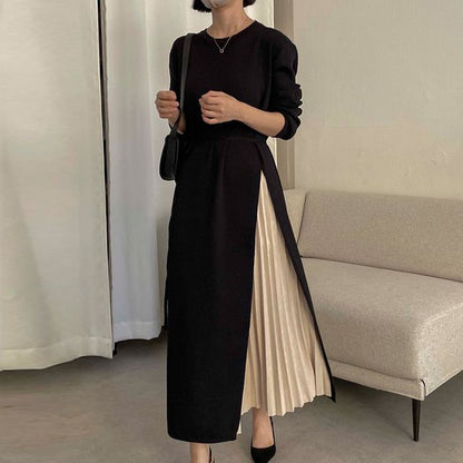 Mock Two-Piece Long-Sleeve Pleated Panel Midi A-Line Knit Dress