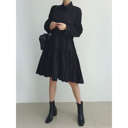 V-Neck Plain Slit Sweater Vest / Long-Sleeve Tiered A-Line Shirt Dress