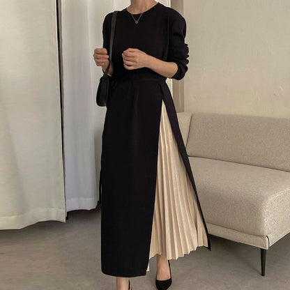 Mock Two-Piece Long-Sleeve Pleated Panel Midi A-Line Knit Dress