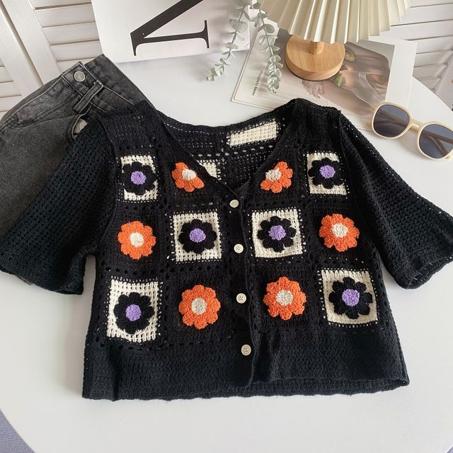 Short-Sleeve V-Neck Floral Crochet Knit Crop Cardigan