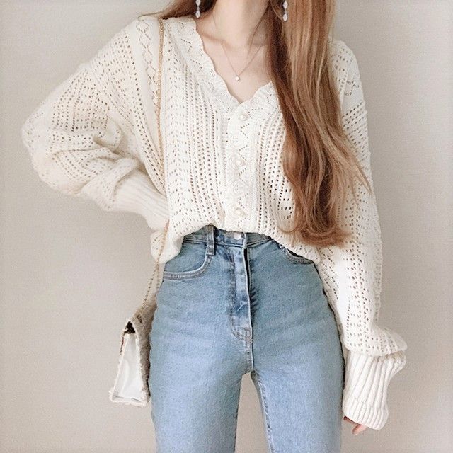 V-Neck Plain Pointelle Knit Cardigan