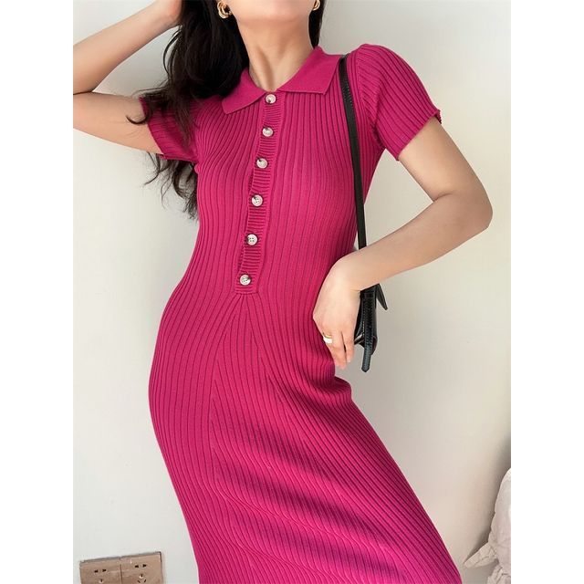 Polo Midi Knit Plain Sheath Short-Sleeve Dress