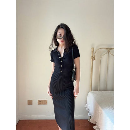 Polo Midi Knit Plain Sheath Short-Sleeve Dress