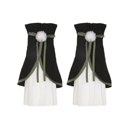 Lolita Flared-Sleeve Panda Embroidered Cropped Blouse / Two Tone Bow Pinafore Dress / Ruffle Leg Warmers / Set