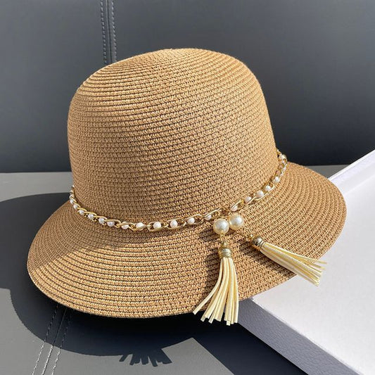Straw Faux Hat Bucket Pearl