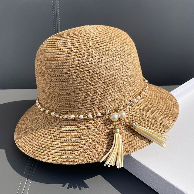 Straw Faux Hat Bucket Pearl