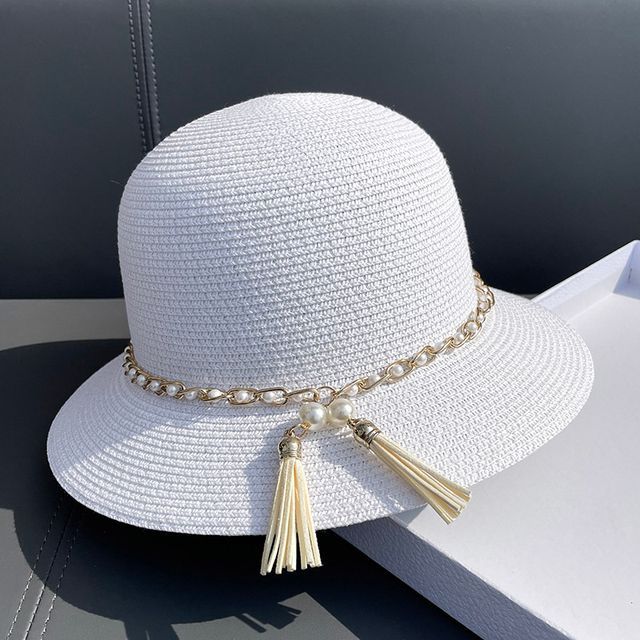Straw Faux Hat Bucket Pearl