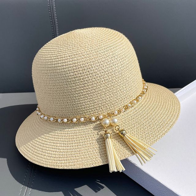 Straw Faux Hat Bucket Pearl