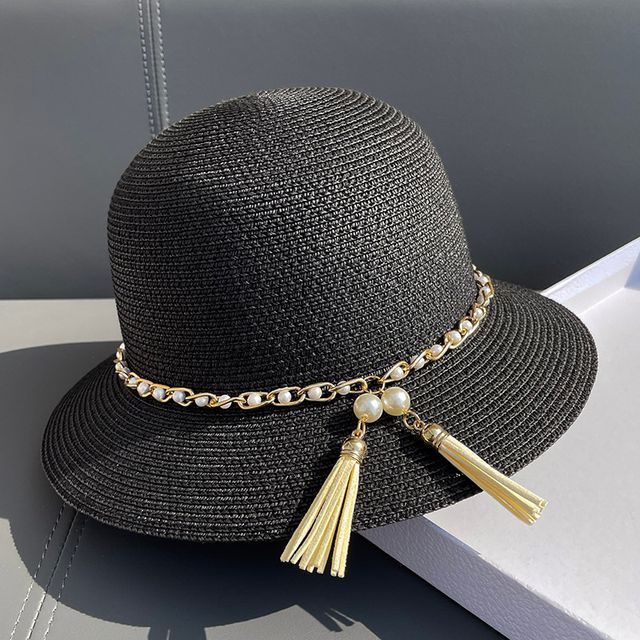 Straw Faux Hat Bucket Pearl