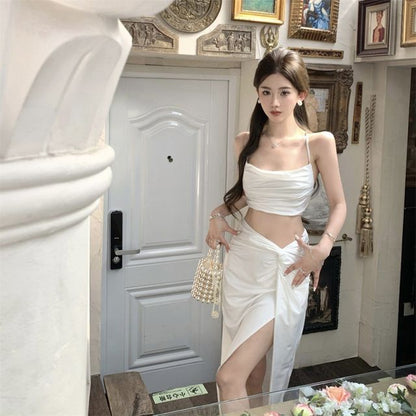 Twist Slit Waist Top Camisole High Ruched High-Low A-Line Skirt + Set: Crop Plain