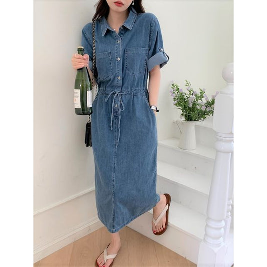 Roll-Sleeve Denim Midi Shirt Dress