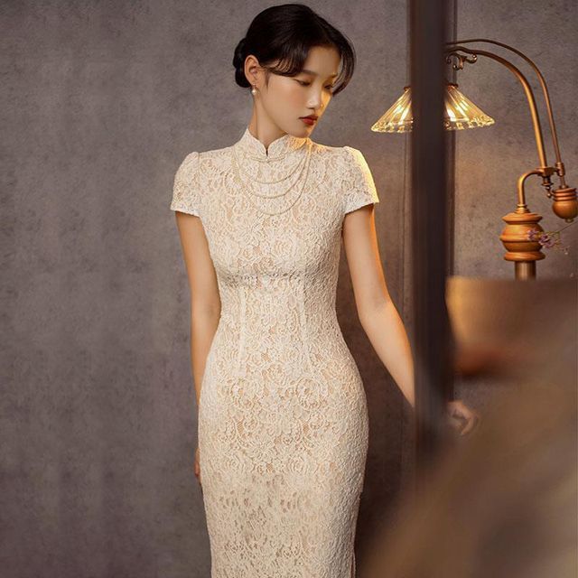 Sheath Dress Midi Frog Buttoned Plain Short-Sleeve