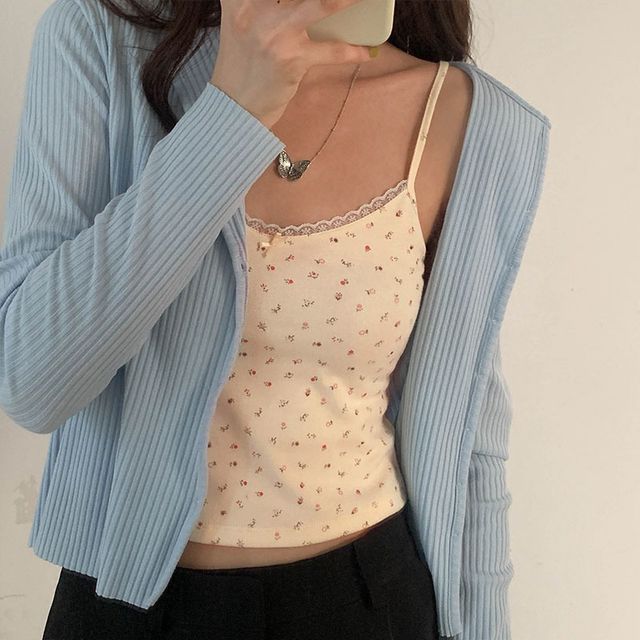 Floral Crop Trim Camisole Print Lace Top