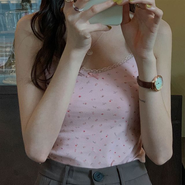 Floral Crop Trim Camisole Print Lace Top