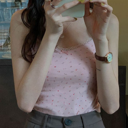 Floral Crop Trim Camisole Print Lace Top