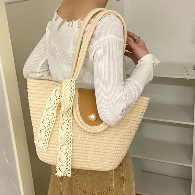 Faux Pearl Buttoned Woven Tote Bag